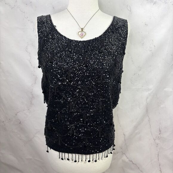 Unbranded Tops - Vintage 60s Flapper Black Shiny Beaded Blouse Top Fringe Sequins Silk M Glam